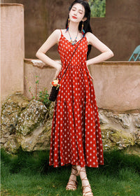 Red Bohemian Printed Cami Dress | V-Neck Spaghetti Straps | Tiered A-Line Maxi for Resort & Beach