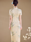 Ivory Blue Floral Embroidered Short Sleeve Qipao Maxi Dress | Mandarin Collar Slit Cheongsam