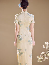 Ivory Blue Floral Embroidered Short Sleeve Qipao Maxi Dress | Mandarin Collar Slit Cheongsam