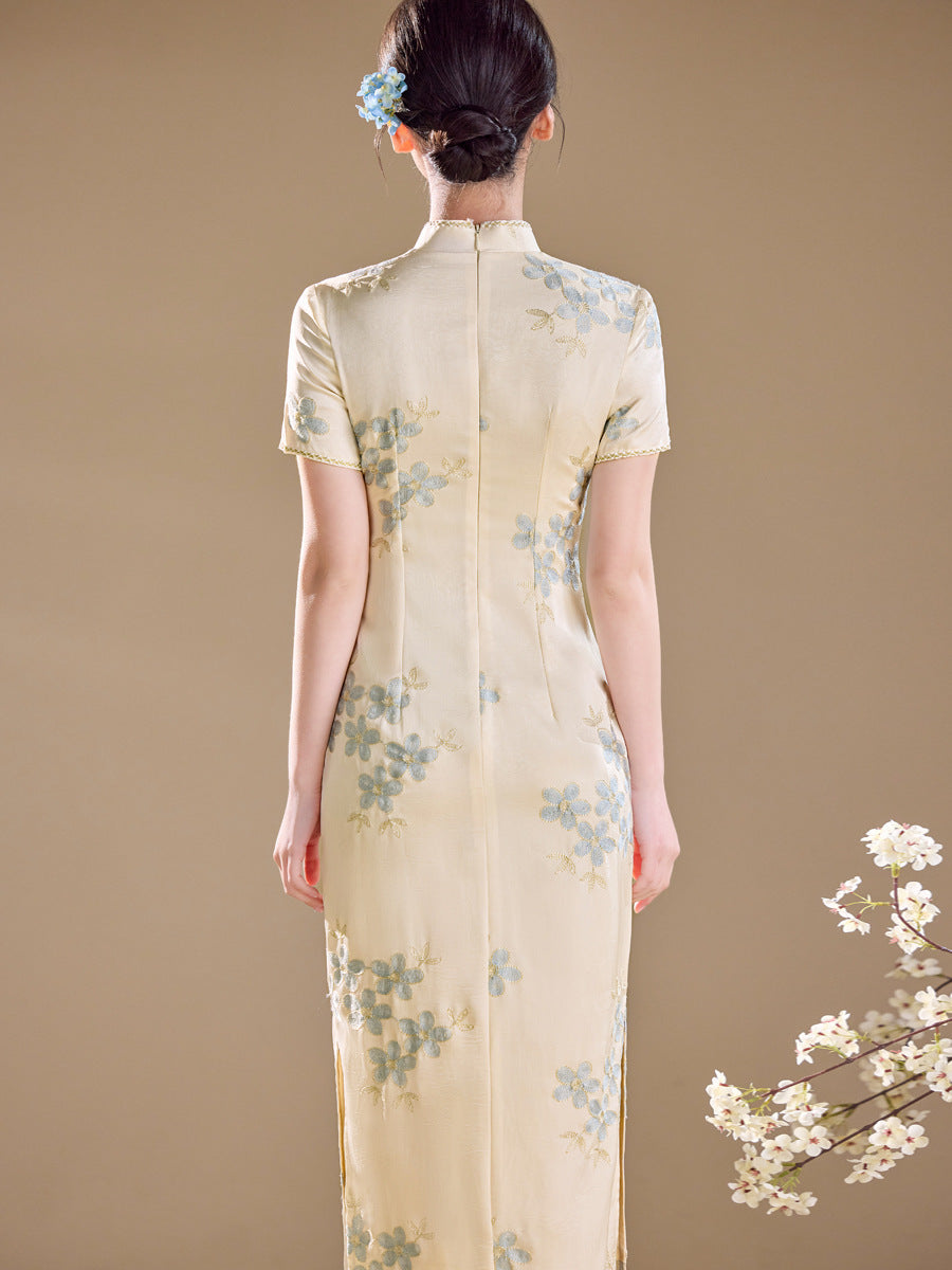 Ivory Blue Floral Embroidered Short Sleeve Qipao Maxi Dress | Mandarin Collar Slit Cheongsam