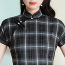 Spring TR Plaid Qipao Maxi Dress | Slim Vintage Chic