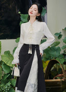 Modern Chinese Two-Piece Set | Tassel Frog-Button Blouse & Layered Wrap Skirt