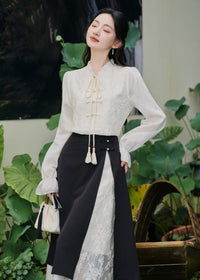Modern Chinese Two-Piece Set | Tassel Frog-Button Blouse & Layered Wrap Skirt