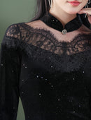 Black Lace-Paneled Qipao | Modern Mandarin, Slim Mid-Length Evening Dress