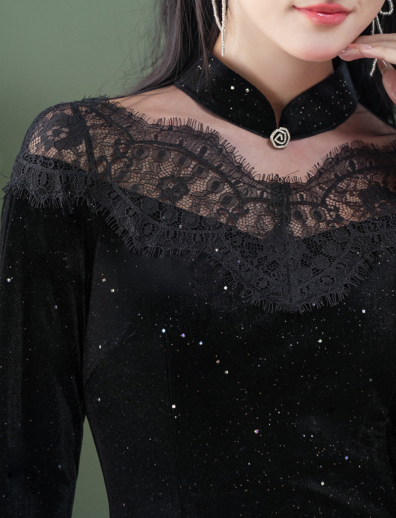 Black Lace-Paneled Qipao | Modern Mandarin, Slim Mid-Length Evening Dress