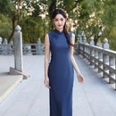 Deep Navy Minimalist Sleeveless Qipao Dress | Mandarin Collar Slim Maxi Cheongsam