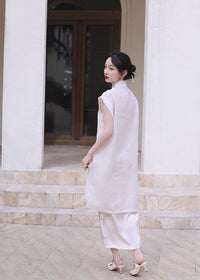 Modern Chinese Qipao Two-Piece Set | Ivory Mandarin-Collar Straight Dress