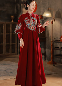 Red Embroidered Maternity Chinese Style Gown | Mandarin Collar 3/4 Sleeves