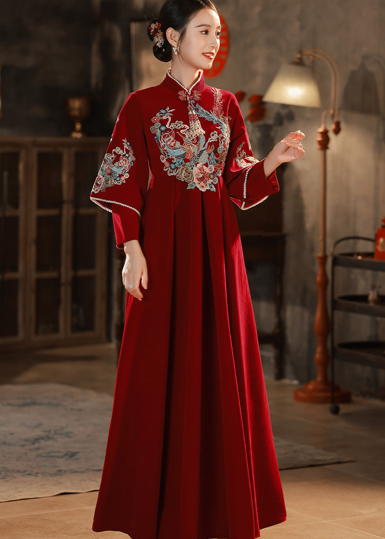 Red Embroidered Maternity Chinese Style Gown | Mandarin Collar 3/4 Sleeves