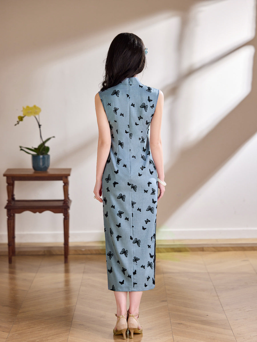 Misty Blue Butterfly Print Sleeveless Qipao Maxi Dress | Mandarin Collar Slit Cheongsam