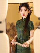 Summer Green Jacquard Qipao | Cap-Sleeve Long Vintage Dress