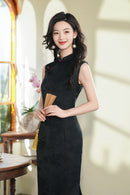 Vintage Black Double-Layer Jacquard Cheongsam Dress | Sleeveless