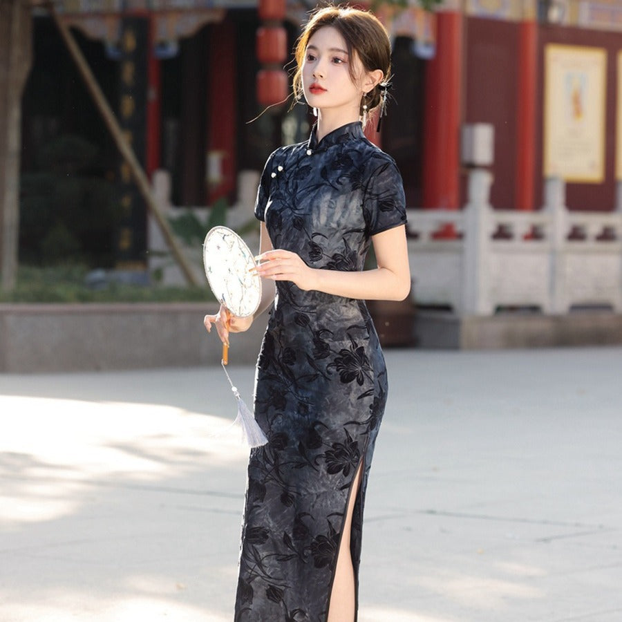 天鹅绒黑色碎花旗袍连衣裙优雅晚装风格