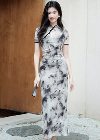 Ink-Wash Modern Qipao Midi | Short Sleeves & Black-Grey