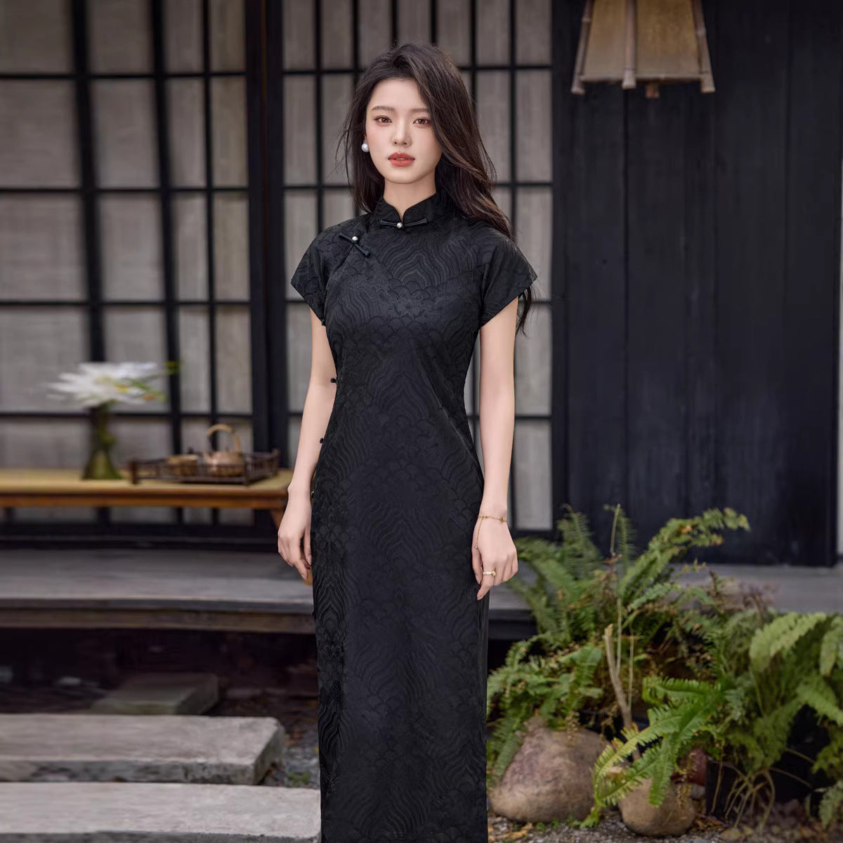 Black Tonal Jacquard Short Sleeve Qipao Dress | Mandarin Collar Slim Maxi Cheongsam