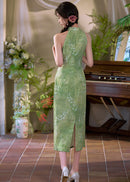 Cool-Green Modern Chinese Qipao | Sleeveless Mandarin Maxi Dress