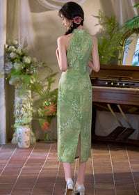 Cool-Green Modern Chinese Qipao | Sleeveless Mandarin Maxi Dress