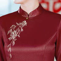 Acetate Stretch Satin Embroidered Qipao Midi | Mandarin Collar
