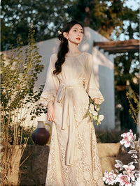 Lace Long Sleeve Dress with Belt, Elegant Women’s Floral Dress, HANGRACE