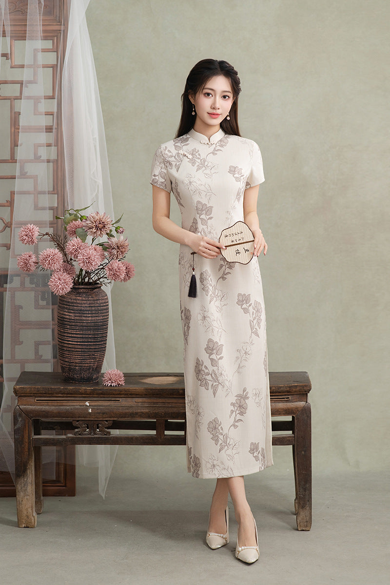 Ivory Grey Floral Jacquard Qipao Dress | Modern Chinese Mandarin Collar Short Sleeve Midi Cheongsam