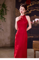 Festive Red Halter-Neck Jacquard Modern Qipao Maxi | Bias-Cut Slim Silhouette with Side Slit