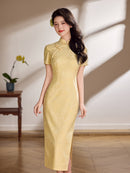 Champagne Pink Tonal Jacquard Short Sleeve Qipao Maxi Dress | Mandarin Collar Slit Cheongsam