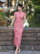 Pink Flocked Floral Print Sleeveless Mandarin Qipao Dress|Slim Mid Cheongsam