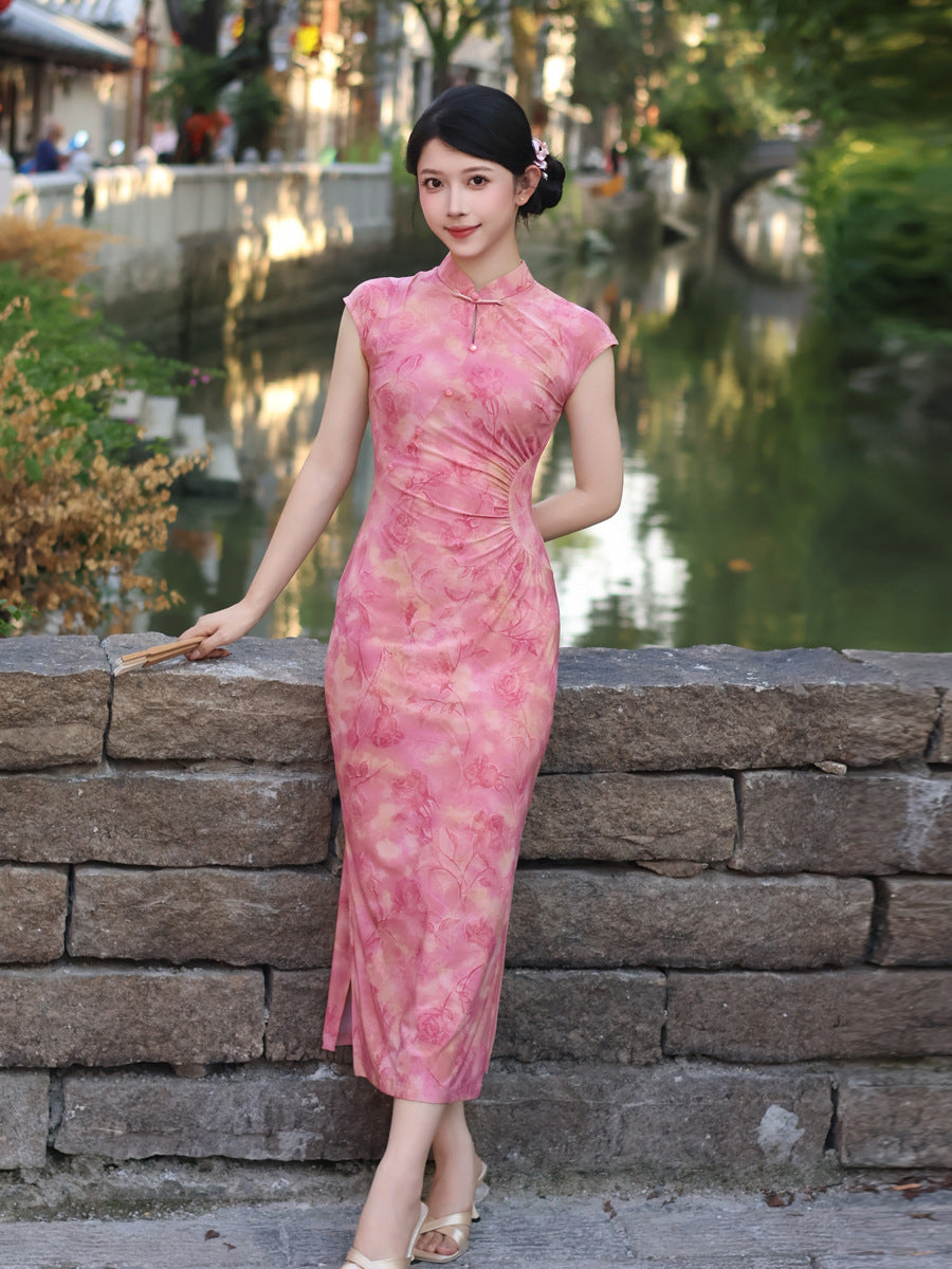 Pink Flocked Floral Print Sleeveless Mandarin Qipao Dress|Slim Mid Cheongsam