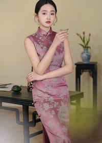 Pink Jacquard Peony Qipao Dress | Sleeveless Mandarin Collar Slim Midi Cheongsam