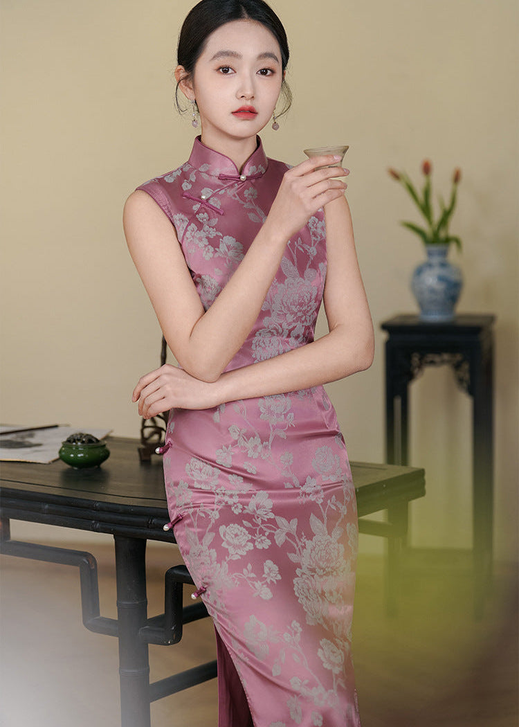 Pink Jacquard Peony Qipao Dress | Sleeveless Mandarin Collar Slim Midi Cheongsam