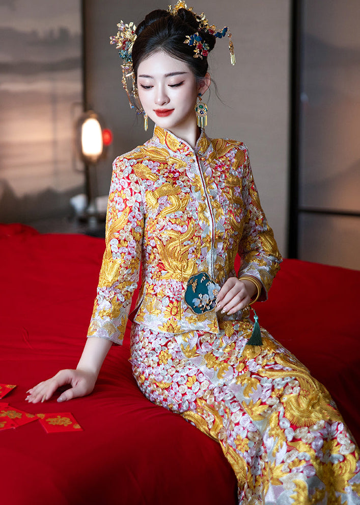 Winter Longfeng Gua Bridal Outfit | Heavy-Embroidery Xiuhe Two-Piece