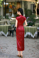 Wine Red Jacquard Satin Qipao Dress | Mandarin Collar Slim Split Cheongsam Evening Gown