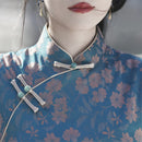 Peacock-Blue Vintage Jacquard Sleeveless Qipao | Slim Long Dress with Mandarin Collar, Frog Buttons & Side Slit