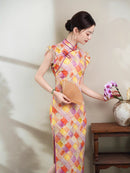Fashionable Plaid Embroidery Improved Qipao | Colorful Plaid Mandarin Collar Slim Fit Dress
