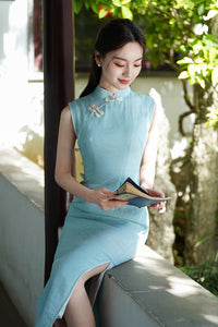 Aqua Jacquard Modern Qipao Maxi | Mandarin Neck with Floral Frog Buttons