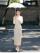 White Gold-Embroidered Winter Modern Qipao Elegant for Work & Banquets