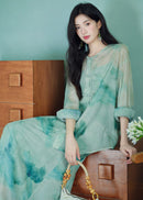 Modern Chinese Ink-Print Two-Piece Set | Sheer Frog-Button Top + Slim Maxi Dress