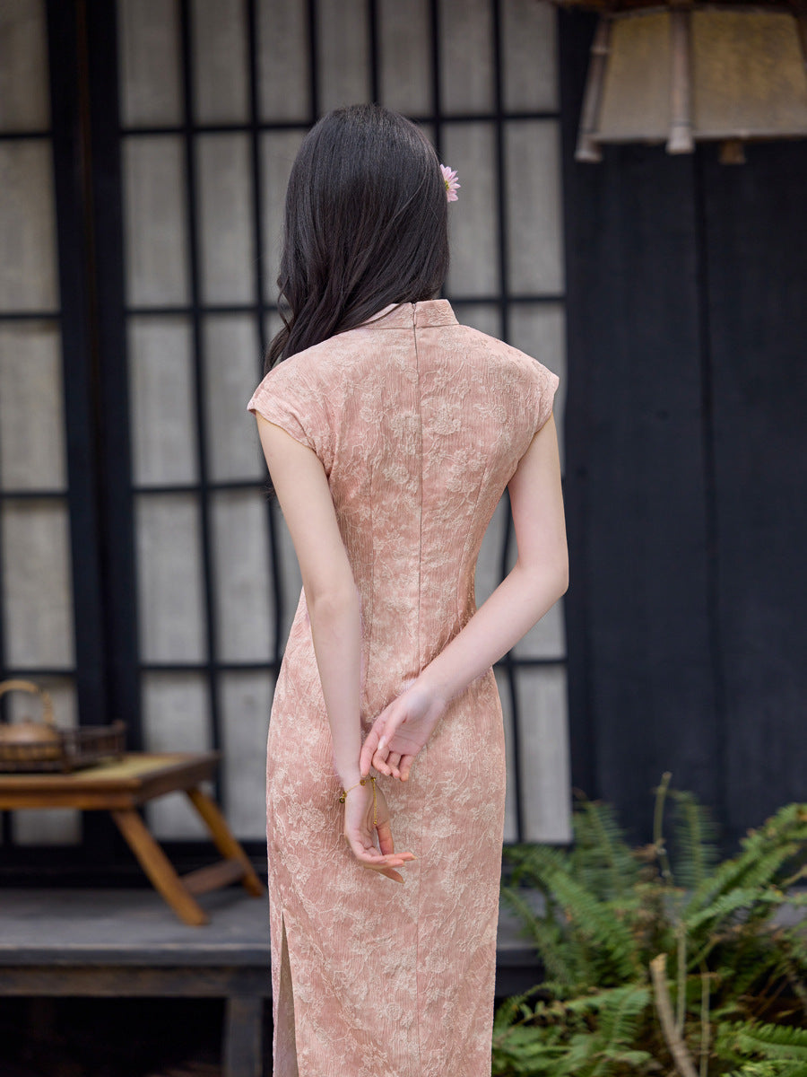 Pink Floral Lace Jacquard Qipao Maxi Dress | Mandarin Collar Slim Slit Cheongsam