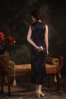 Black Floral Sleeveless Slim Qipao Dress | Mandarin Collar Frog Buttons Bodycon Side Slit Wedding Banquet Gown
