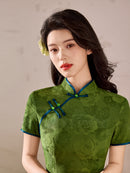 Emerald Green Blue-Piping Tonal Jacquard Short Sleeve Qipao Maxi Dress | Mandarin Collar Slit Cheongsam