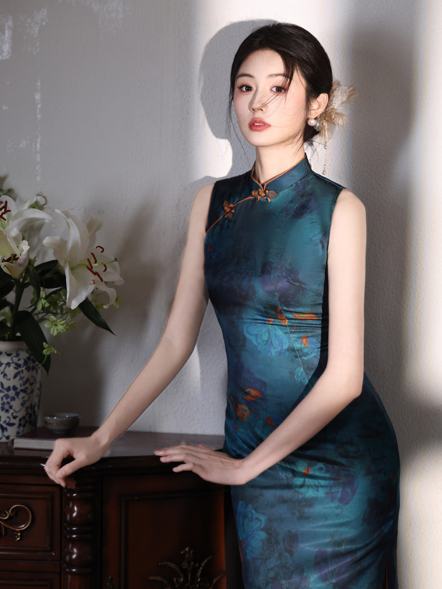 Deep Teal Floral Qipao Dress | Modern Chinese Sleeveless Mandarin Collar Slim Midi Dress