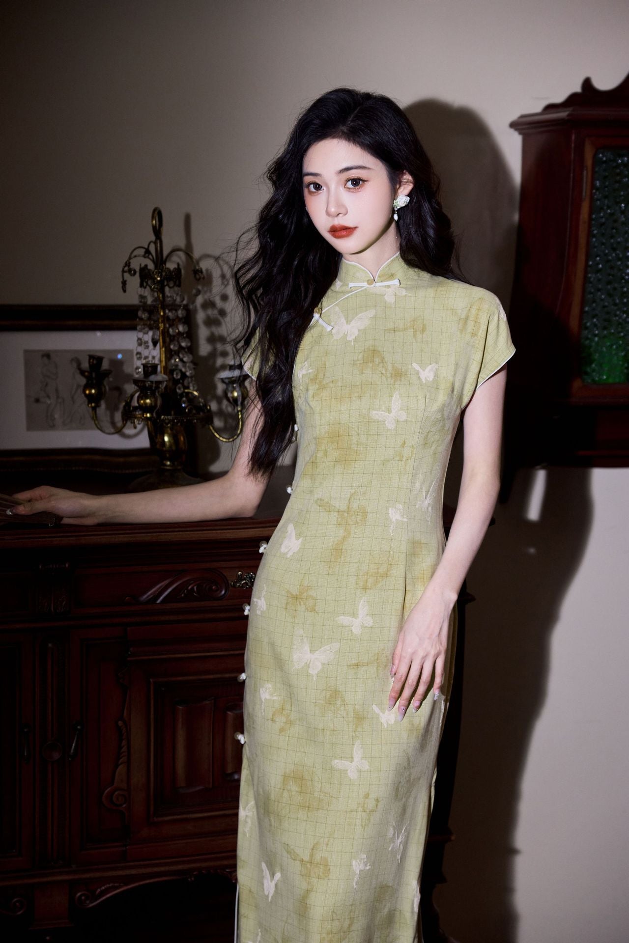 Butterfly Print Modern Qipao Maxi | Mandarin Collar & Frog Buttons
