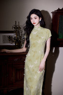 Butterfly Print Modern Qipao Maxi | Mandarin Collar & Frog Buttons