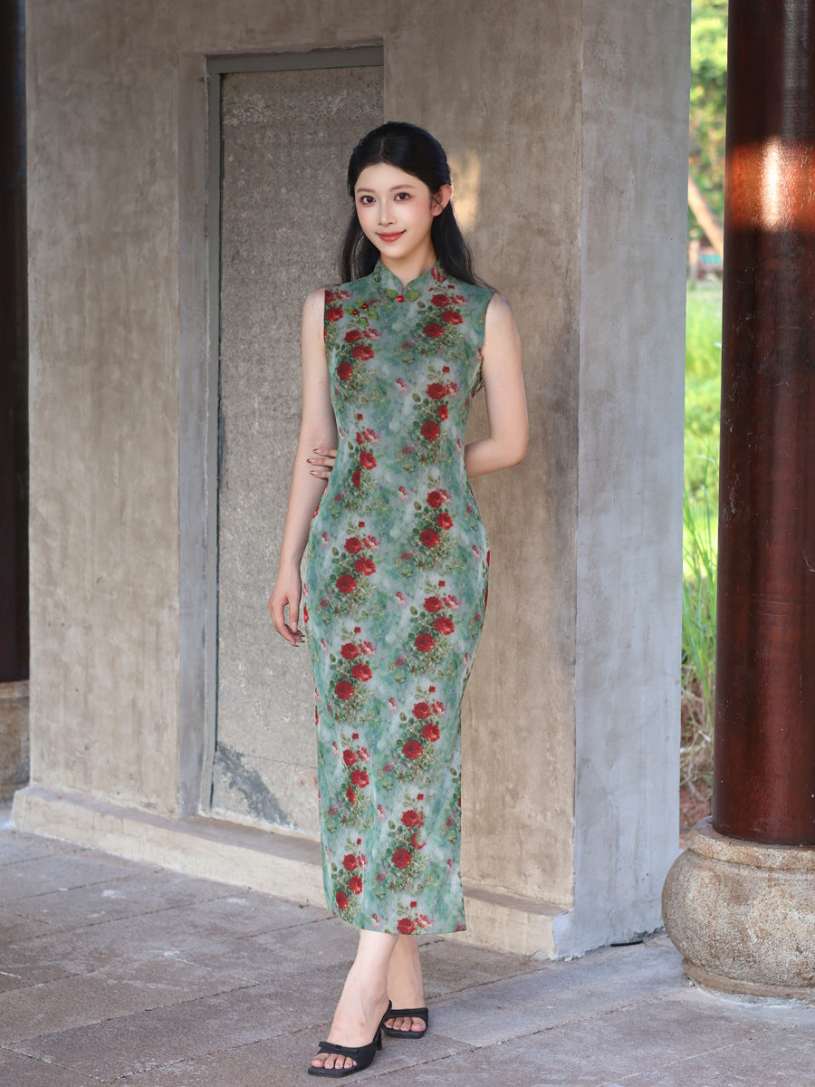 Green Rose Floral Print Sleeveless Mesh Qipao Dress|Slim Mandarin Midi Cheongsam