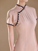 Pink Lace-Trim Qipao Midi Dress | Mandarin Collar Slim Cheongsam with Side Slit