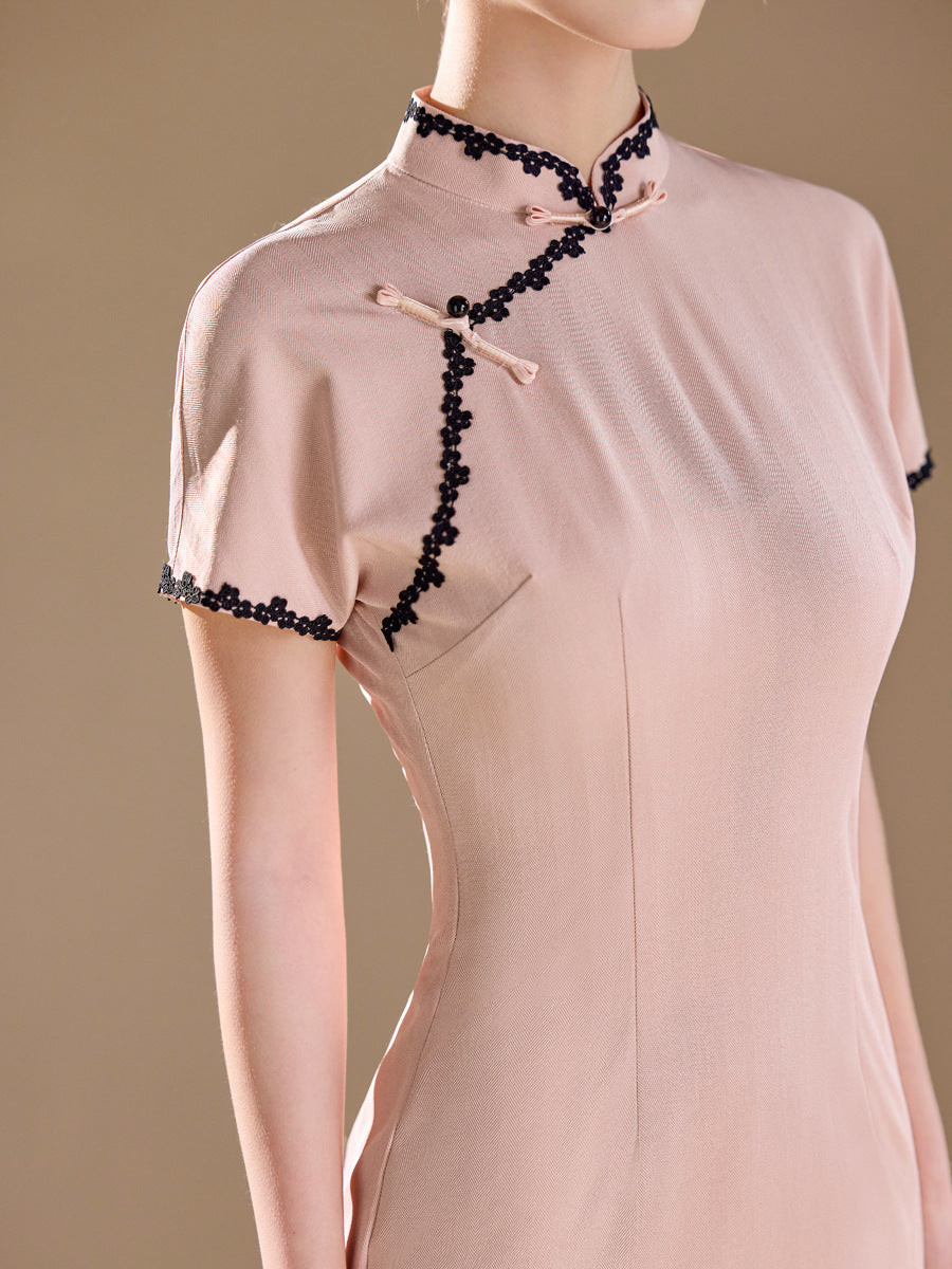 Pink Lace-Trim Qipao Midi Dress | Mandarin Collar Slim Cheongsam with Side Slit