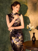 Black Vintage Floral Print Qipao Dress | Sleeveless Mandarin Collar Slim Midi Cheongsam