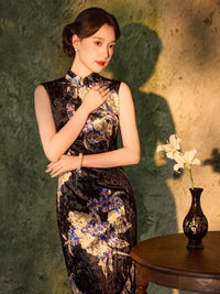 Black Vintage Floral Print Qipao Dress | Sleeveless Mandarin Collar Slim Midi Cheongsam