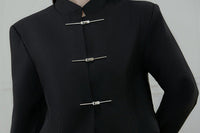 Black Modern Tang Suit Set | Mandarin-Collar Jacket & Slit Maxi Skirt for Early Spring