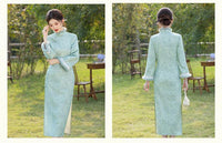 女式复古花卉绿色汉服，仿毛领